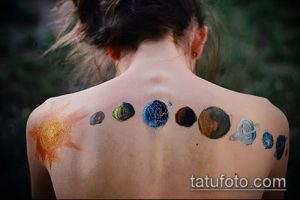 Фото татуировки на спине, изображающей всю солнечную систему с планетами, Солнцем и звездами. Яркие цвета и реалистичный стиль.