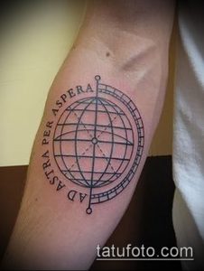 Фото тату: татуировка земного шара в окружности с латинской надписью 'Ad Astra Per Aspera' на руке. Классический и мотивирующий рисунок татуировки.