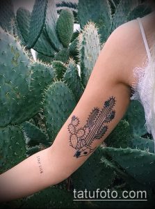 Фото оригинальной татуировки кактуса и волка в пустыне. Черно-белый рисунок в стиле графика на руке.