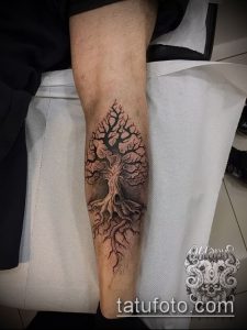Фото тату дерева жизни на икре, выполненного в технике blackwork. Детальный рисунок с разветвленной кроной и мощными корнями.