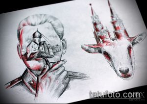 Эскиз татуировки, изображающий портрет Сталина и голову козла с кремлевскими башнями на рогах. Рисунок выполнен в черно-белой гамме с использованием штриховки.