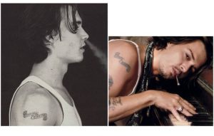 Фото тату: Джонни Депп с татуировкой 'Winona Forever' на плече, показано на двух разных фотографиях.