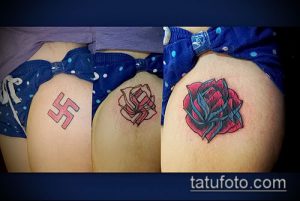 Фото тату cover-up на бедре: замена свастики на красивую татуировку розы, выполненную в ярких цветах. Детализированный рисунок татуировки.