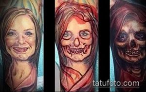 Фото тату превращения лица в зомби на руке до, в процессе и после. Реалистичный и пугающий рисунок.