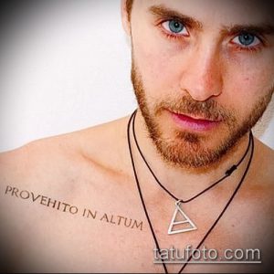 Фото тату: латинская фраза 'PROVEHITO IN ALTUM' выполнена четким черным шрифтом на груди мужчины. Минималистичный рисунок татуировки.