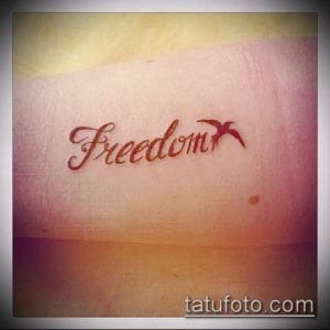 Фото минималистичной татуировки на коже: надпись 'Freedom' красным цветом с изображением летящей птицы. Простой и элегантный рисунок татуировки.