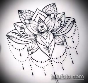 Черно-белый эскиз татуировки лотоса, выполненный в технике dotwork с использованием множества точек. Подходит для любителей сложных и детализированных тату.