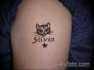 Фото тату: татуировка мордочки кошки с именем "Silvia" и звездой. Рисунок в технике хендпоук на плече.