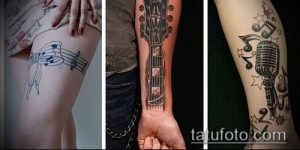 Фотография коллажа из трех татуировок: ноты на бедре, гриф гитары на руке и микрофон со звездами на предплечье. Разнообразные рисунки татуировок для меломанов.