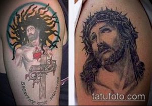 Коллаж из двух татуировок Иисуса Христа: одна в ярком стиле с нимбом и надписью 'Sacrifice', другая - реалистичное изображение лица.