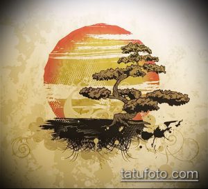 Татуировка в японском стиле с изображением сосны на фоне восходящего солнца, выполненная в ярких цветах и с использованием традиционных узоров.