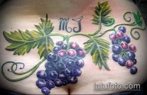 Фото тату: цветная татуировка с изображением грозди винограда, листьев и инициалов 'MJ' на животе. Детализированный рисунок татуировки.