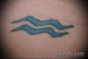 Небольшая татуировка символа Водолея на коже. Простой, лаконичный рисунок, выполненный в синих тонах, идеально подходит для минималистичных эскизов.