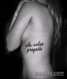Фото татуировки с латинской фразой 'alis volat propriis' на женском боку. Черные буквы изящно расположены вдоль линии тела.