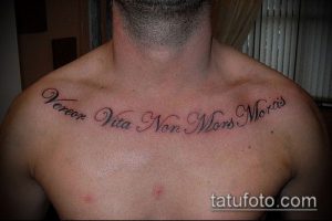 Фото тату: латинская фраза 'Vereor Vita Non Mors Mortis' на груди мужчины, выполненная черными чернилами в каллиграфическом стиле.