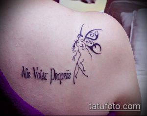 Фото тату: изображение феи с крыльями и латинская фраза 'Alis Volat Propriis' на плече девушки, выполненные черными чернилами в графическом стиле.