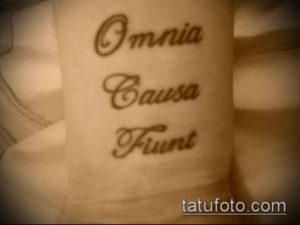 Фото татуировки на запястье с латинской надписью 'Omnia Causa Fiunt', выполненной черными чернилами. Простой и элегантный дизайн.