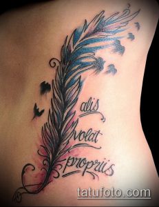 Фото тату на боку с изображением пера, украшенного цветами и надписью 'alis volat propriis'. Элегантный и символичный рисунок.