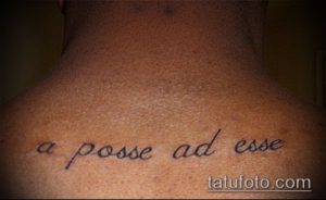 Фото тату: задняя часть шеи с татуировкой в виде латинской фразы 'a posse ad esse', выполненной черным шрифтом.