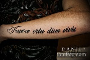 Фото тату: мужское предплечье с татуировкой в виде латинской фразы 'Fuere vita diem vivis', выполненной черным шрифтом с декоративными элементами.