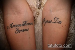 Фото парных татуировок с латинскими надписями 'Amicus Humani Generis' и 'Agnus Dei' на руках. Черный цвет, минималистичный стиль.