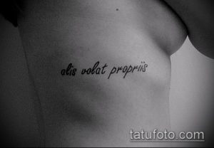 Фото изящной татуировки надписи 'Alis Volat Propriis' на боку, выполненной каллиграфическим шрифтом. Латинская фраза, означающая 'Он летит своими крыльями'.
