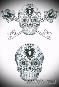 Фото тату: эскиз татуировки в стиле Sugar Skull с изображением черепа и ключа. Символизирует память, жизнь и смерть, а также тайны.