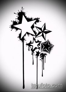 Эскиз татуировки в виде нескольких звезд, окруженных брызгами краски и каплями, словно от взрыва. Энергичный и современный дизайн.