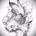 Эскиз тату золотая рыбка №91 - интересный вариант рисунка, который хорошо можно использовать для переделки и нанесения как тату золотая рыбка в короне