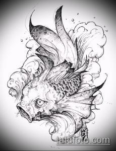Эскиз татуировки с изображением карпа кои, окруженного брызгами и волнами. Рисунок выполнен в черно-белой гамме, с акцентом на динамику и экспрессию.