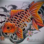 Эскиз тату золотая рыбка №703 - прикольный вариант рисунка, который успешно можно использовать для переделки и нанесения как тату золотая рыбка и лотос