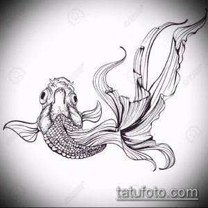 Фото эскиза татуировки золотой рыбки, выполненного в стиле line art с использованием тонких линий и точечной штриховки. Минималистичный и элегантный рисунок.