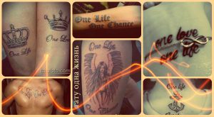 Коллаж из нескольких фотографий татуировок с надписями 'One Life', 'One Love', 'One Chance' и изображениями корон, сердец и ангела.