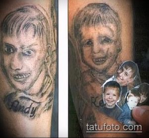 Черно-серая татуировка на руке с портретами нескольких детей и именем 'Andy'.
