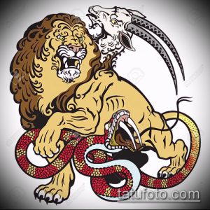 Фото тату льва, борющегося со змеей. Рисунок выполнен в ярких цветах с использованием традиционных узоров и орнаментов.