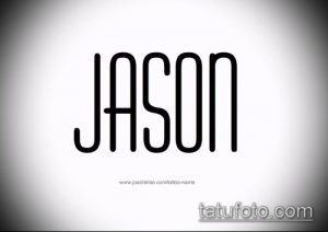 Черно-белое фото тату с именем "JASON", выполненным в минималистичном и геометрическом стиле. Подходит для тех, кто ценит лаконичность и современный дизайн.