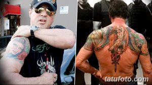 Фото коллажа татуировок на руках и спине мужчины. Разнообразные рисунки и стили.