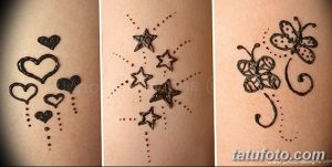 Фото мехенди: коллаж из трех изображений с различными рисунками хной на руках. Разнообразные узоры татуировок хной с сердечками, звездами и бабочками.
