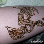 Фото тату хной на руке: рисунок головы дракона, выполненный в коричневых тонах, с выразительными глазами и детализированными крыльями.