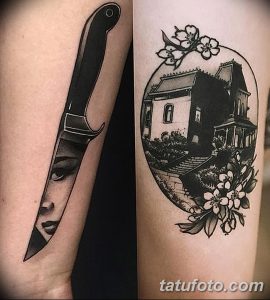 Фото тату с изображением кинжала и старинного дома, выполненного в стиле blackwork. Мрачный и стильный рисунок татуировки для любителей готики.