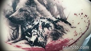 Фото татуировки на спине с изображением двух волков и красных брызг, выполненной в реалистичном стиле с использованием черного и серого цветов.