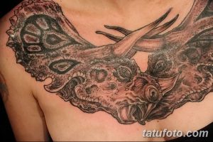Фото детализированной татуировки трицератопса на груди. Реалистичная прорисовка кожи, рогов и костяного воротника динозавра.