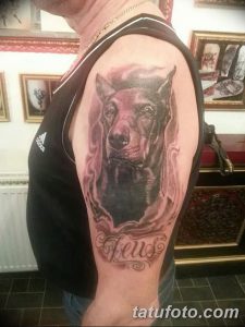 Фото тату добермана на плече с надписью 'Zeus'. Реалистичный рисунок татуировки с детальной проработкой шерсти и выразительным взглядом.