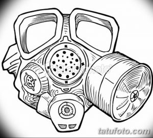 Черно-белый эскиз татуировки противогаза, выполненный в стиле графики. Идеально подходит для любителей минималистичных рисунков и индустриальной тематики.