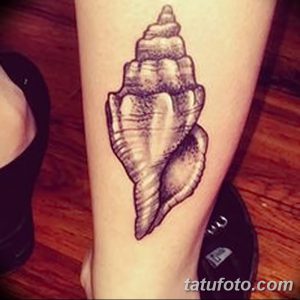 Фото тату: небольшая татуировка морской раковины, выполненная в технике blackwork. Идеальный выбор для любителей минимализма и морской тематики.