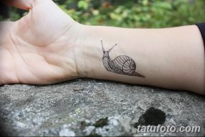 Фото тату: чёрно-белая татуировка улитки на запястье. Детализированный рисунок с прорисовкой раковины.