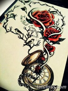 Фото эскиза тату: розы, карманные часы, птицы, надпись 'Time Heals Everything', черно-белый рисунок.