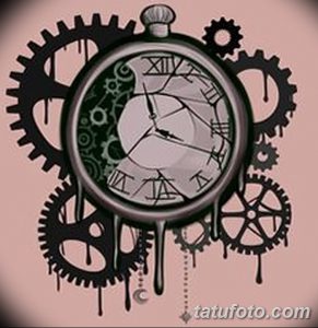 Эскиз татуировки в стиле стимпанк: карманные часы, окруженные множеством шестеренок и украшенные капельками.
