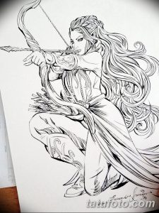 Detailed black ink sketch of an elf archer in a dynamic pose, with flowing hair and intricate clothing, showcasing a classic fantasy design.