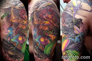 Colorful tattoo sleeve featuring a fierce elf warrior with a bow, accompanied by small fairies, in a fantasy landscape.